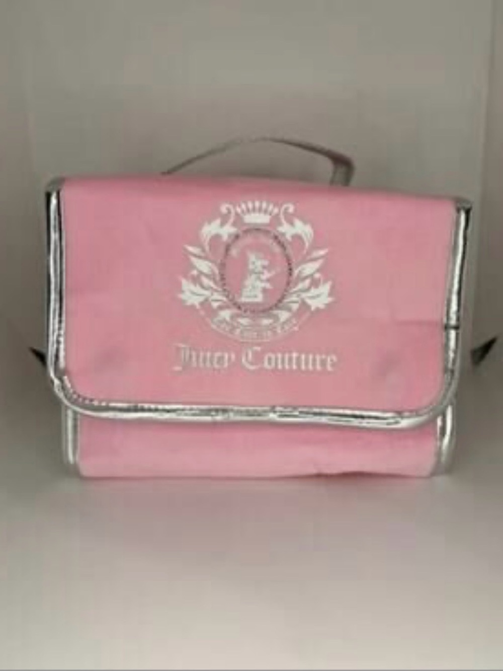 Juicy Couture Pink Plush Cosmetic Case with Silver Trim and Crest